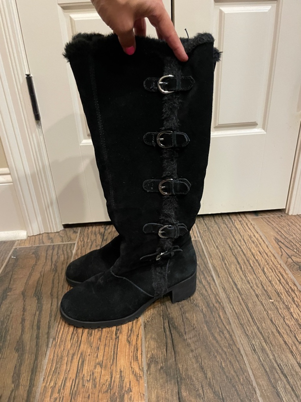 AEROSOLES Black Suede-Look Knee High Buckle Boots with Faux Fur Trim